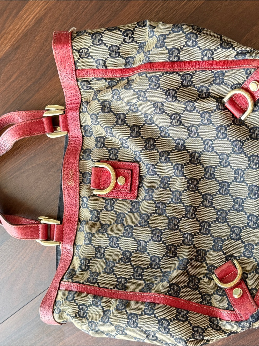 Gucci VINTAGE Brown Monogram Canvas Tote with Red Trim and Gold Hardware